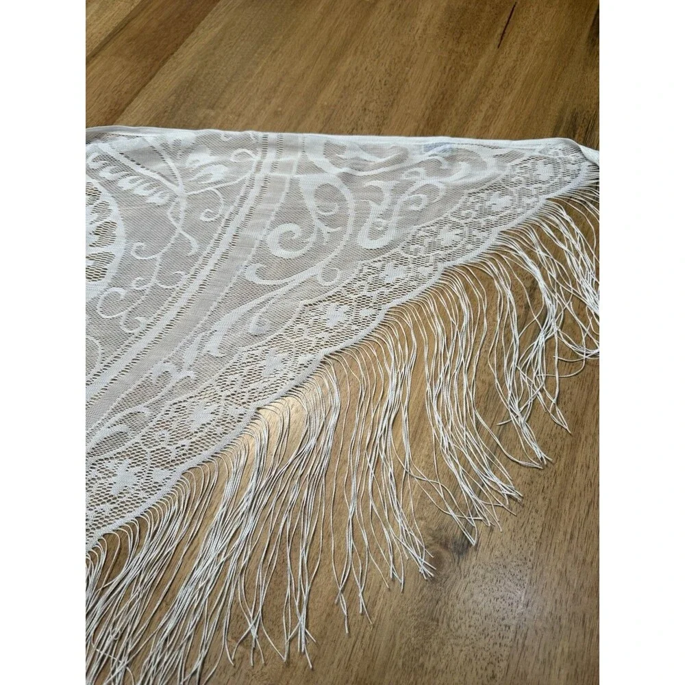 Vintage White Lace Fringe Boho Scarf 72x43” Shawl Bridal Festival Stevie Nicks